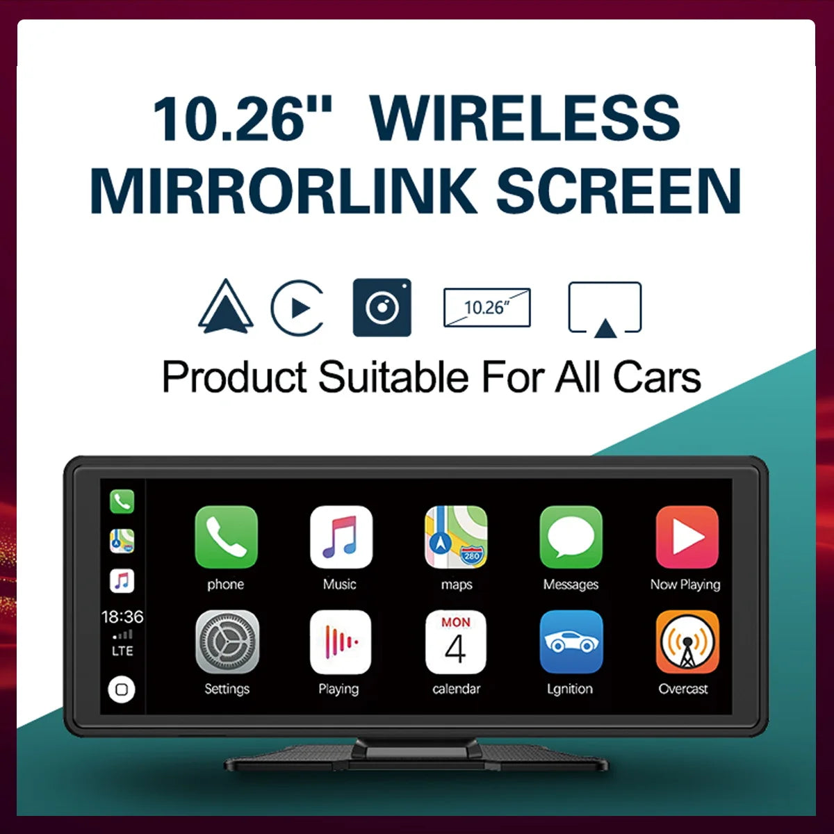10.26" Wireless Carplay & Android Auto Universal Portable Car Radio Mirror Link Player BT Audio AUX Stereo for Apple or Android
