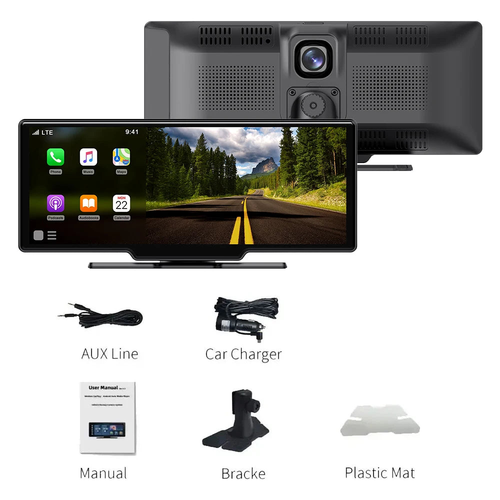 10.26" Wireless Carplay & Android Auto Universal Portable Car Radio Mirror Link Player BT Audio AUX Stereo for Apple or Android