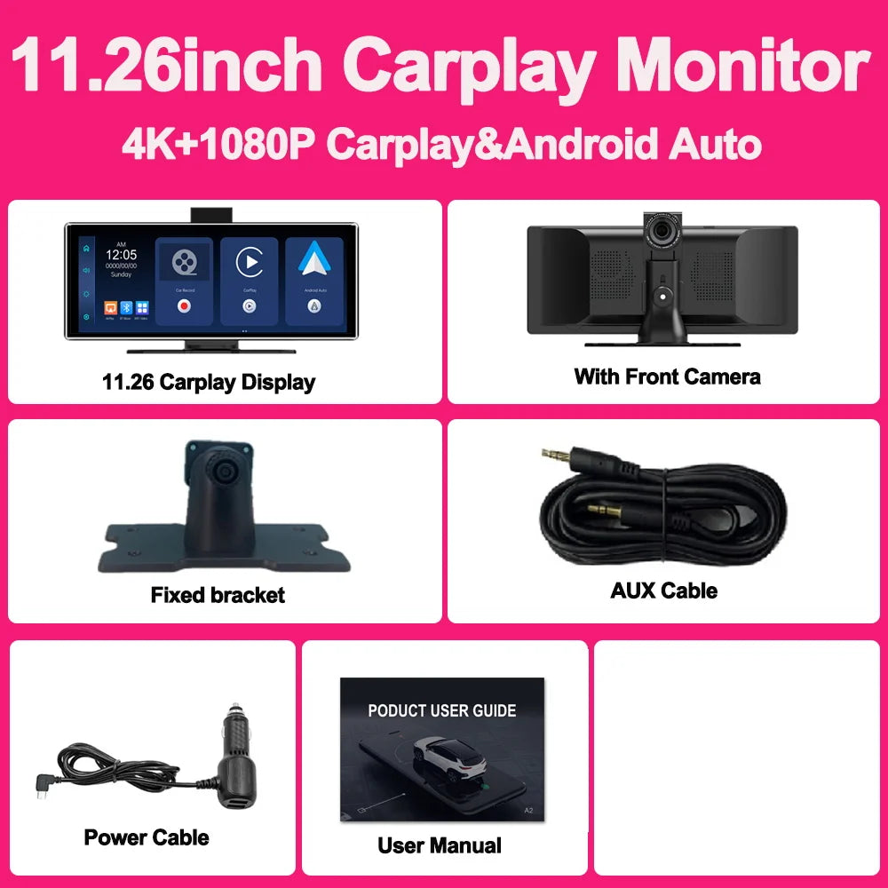 10.26" Wireless Carplay & Android Auto Universal Portable Car Radio Mirror Link Player BT Audio AUX Stereo for Apple or Android