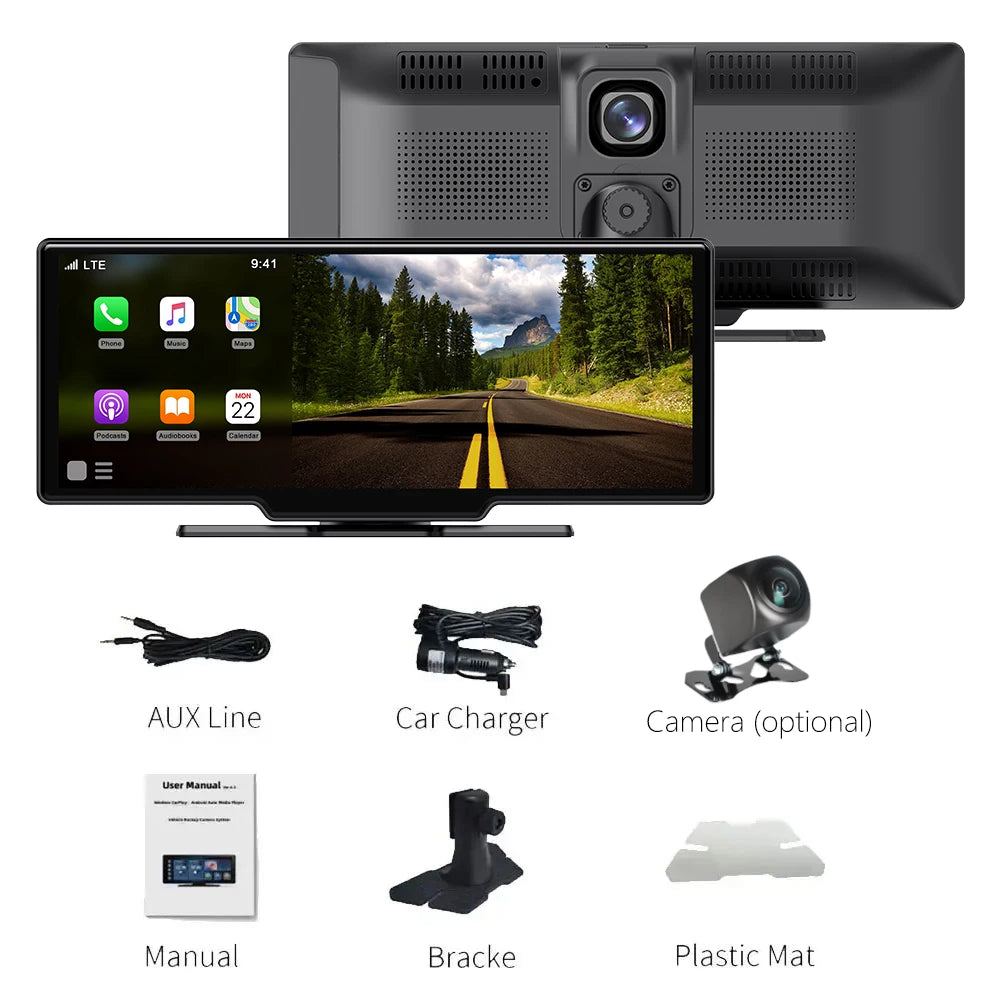 10.26" Wireless Carplay & Android Auto Universal Portable Car Radio Mirror Link Player BT Audio AUX Stereo for Apple or Android