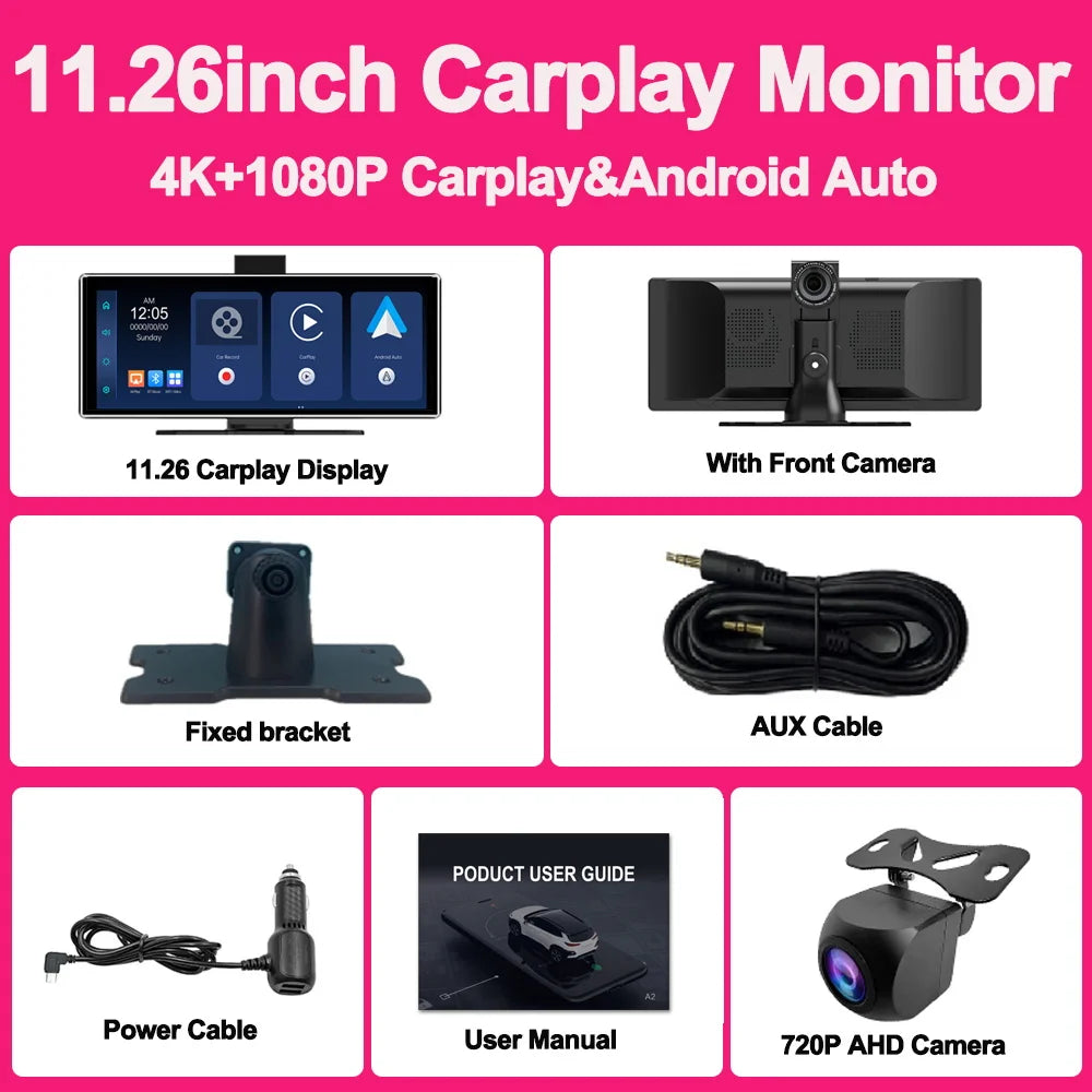 10.26" Wireless Carplay & Android Auto Universal Portable Car Radio Mirror Link Player BT Audio AUX Stereo for Apple or Android