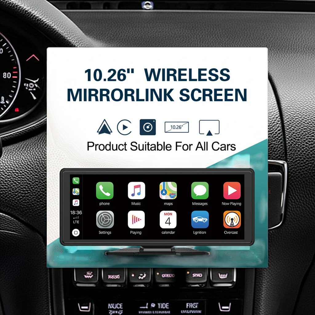10.26" Wireless Carplay & Android Auto Universal Portable Car Radio Mirror Link Player BT Audio AUX Stereo for Apple or Android